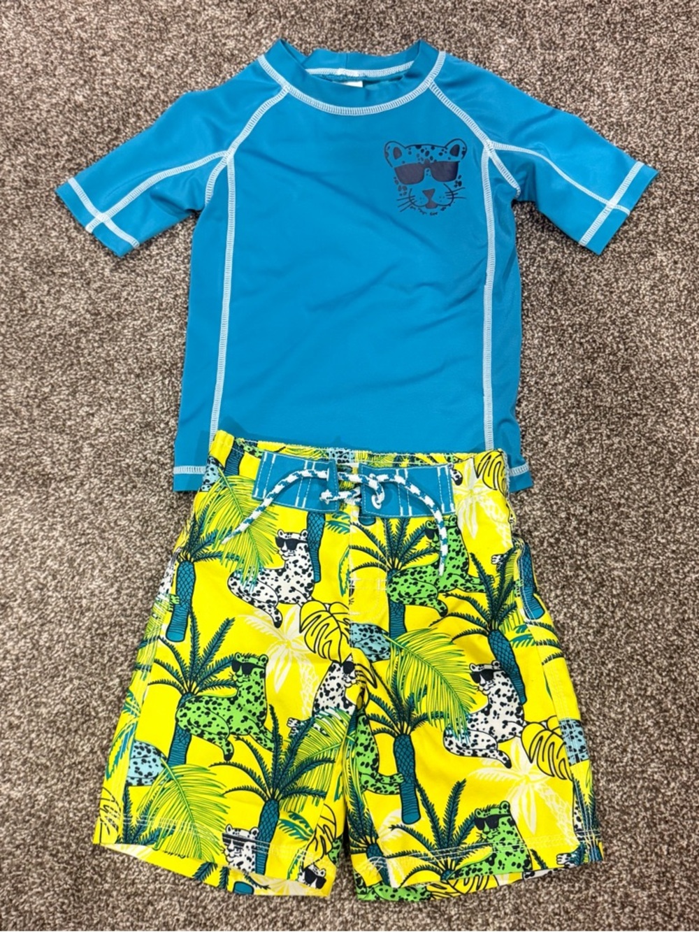 Gymboree Blue Rashguard Top with Yellow Jungle Swim Shorts